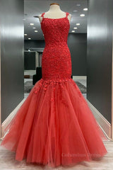 Formal Dressing For Ladies, Mermaid Red Tulle Lace Long Prom Dresses, Mermaid Red Formal Dresses, Red Lace Evening Dresses