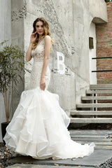 Wedding Dress Wedding Dress, Mermaid Sleeveless V-Neck Wedding Dresses Sweep Train Ruffles Beaded