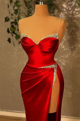 Party Dresses Shops, Mermaid Spaghetti Strap Sweetheart Floor-length Sleeveless Red High Split Prom Dresses