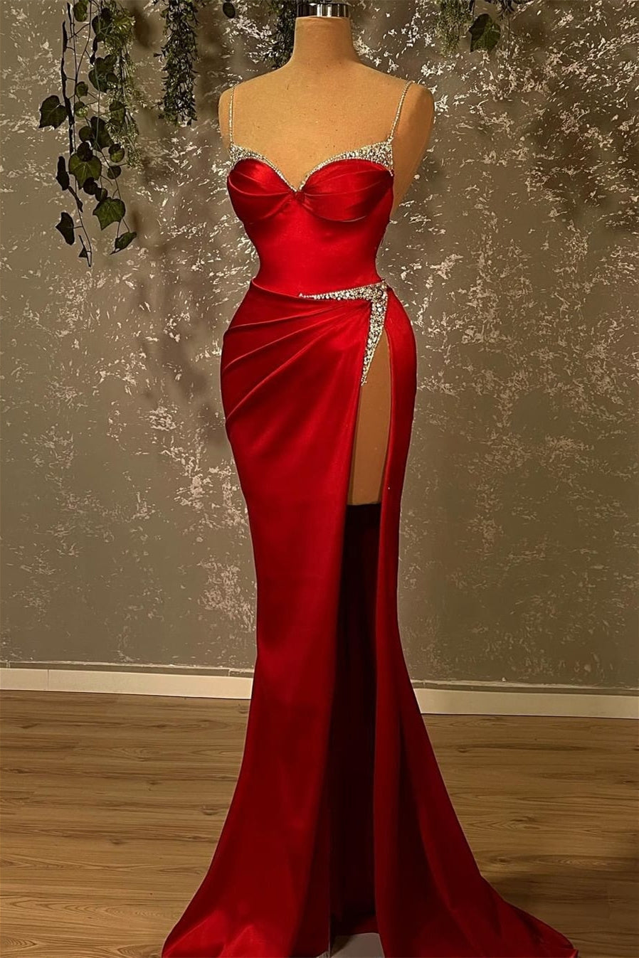 Party Dresses Shop, Mermaid Spaghetti Strap Sweetheart Floor-length Sleeveless Red High Split Prom Dresses