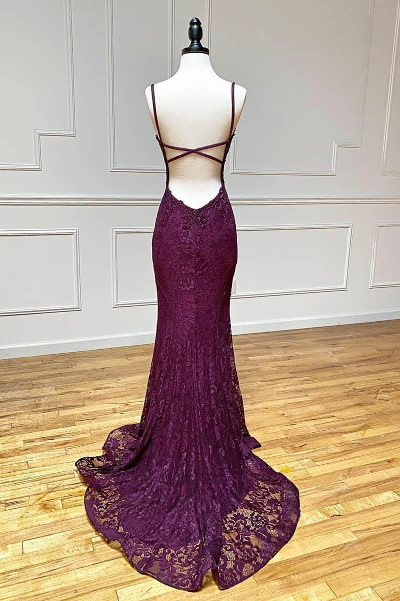 mermaid/trumpet spaghetti straps grape lace beaded long prom dress formal evening dress