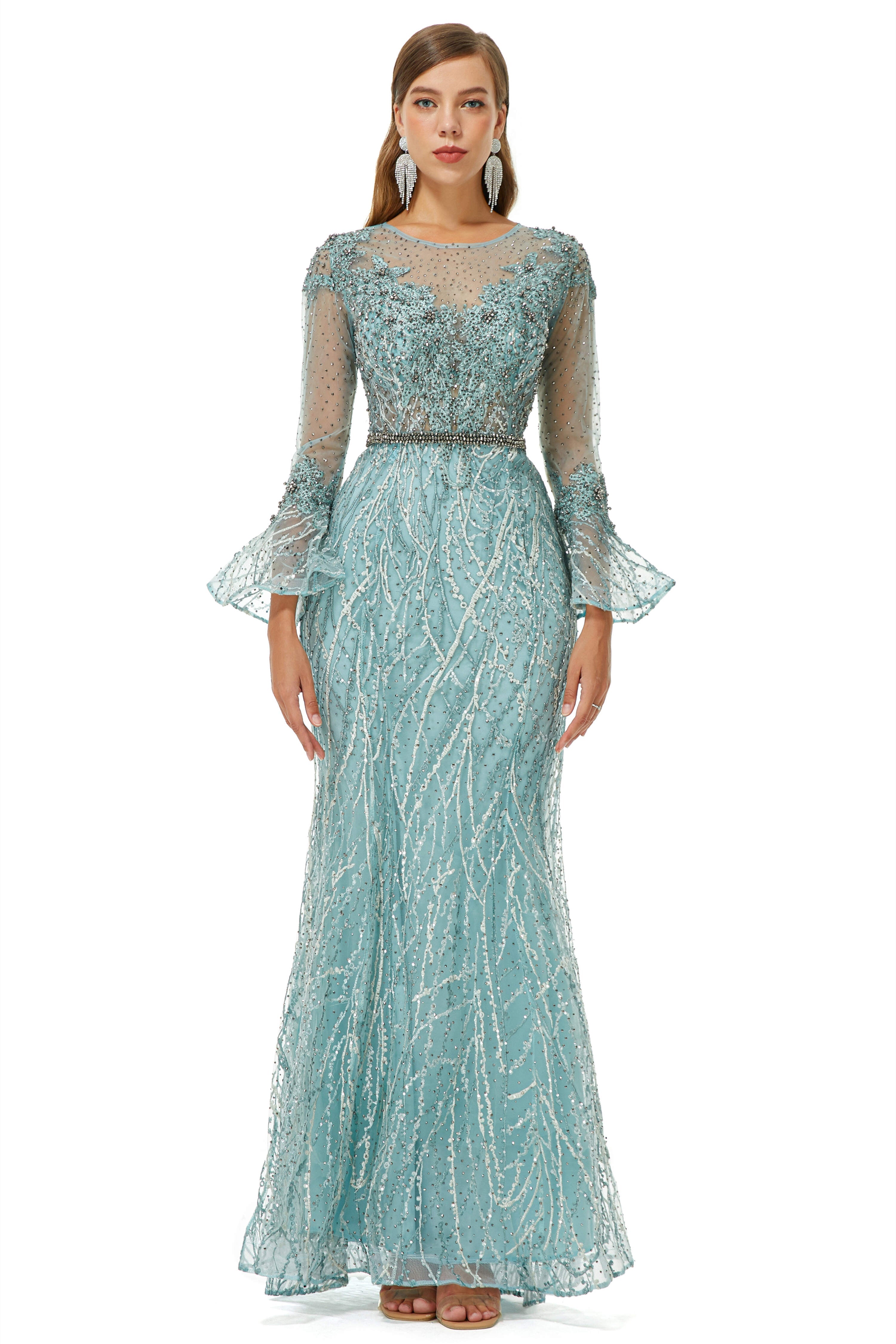 Semi Formal, Mermaid Tulle Beading Long Sleeve Prom Dresses