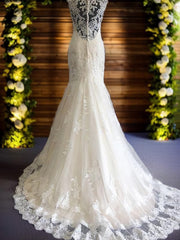 Wedding Dresses Under 1002, Mermaid V-neck Lace Sweep Train Tulle Wedding Dress