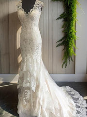 Wedding Dresses Inspired, Mermaid V-neck Lace Sweep Train Tulle Wedding Dress