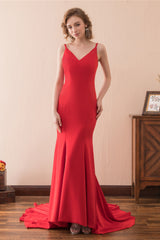 Evening Dresses Short, Mermaid V-Neck Spaghetti Straps Red Satin Prom Dresses