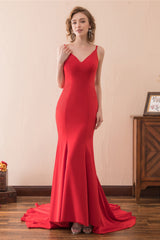 Evening Dresses Boutique, Mermaid V-Neck Spaghetti Straps Red Satin Prom Dresses