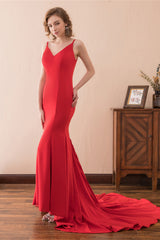 Evening Dresses Elegant, Mermaid V-Neck Spaghetti Straps Red Satin Prom Dresses