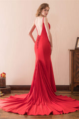 Evening Dresses For Weddings, Mermaid V-Neck Spaghetti Straps Red Satin Prom Dresses