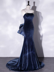 Prom Dresses Pieces, Mermaid Velvet Blue Long Prom Dresses, Blue Velvet Long Evening Dress