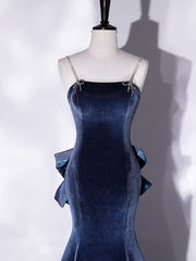 Prom Dress Shorts, Mermaid Velvet Blue Long Prom Dresses, Blue Velvet Long Evening Dress