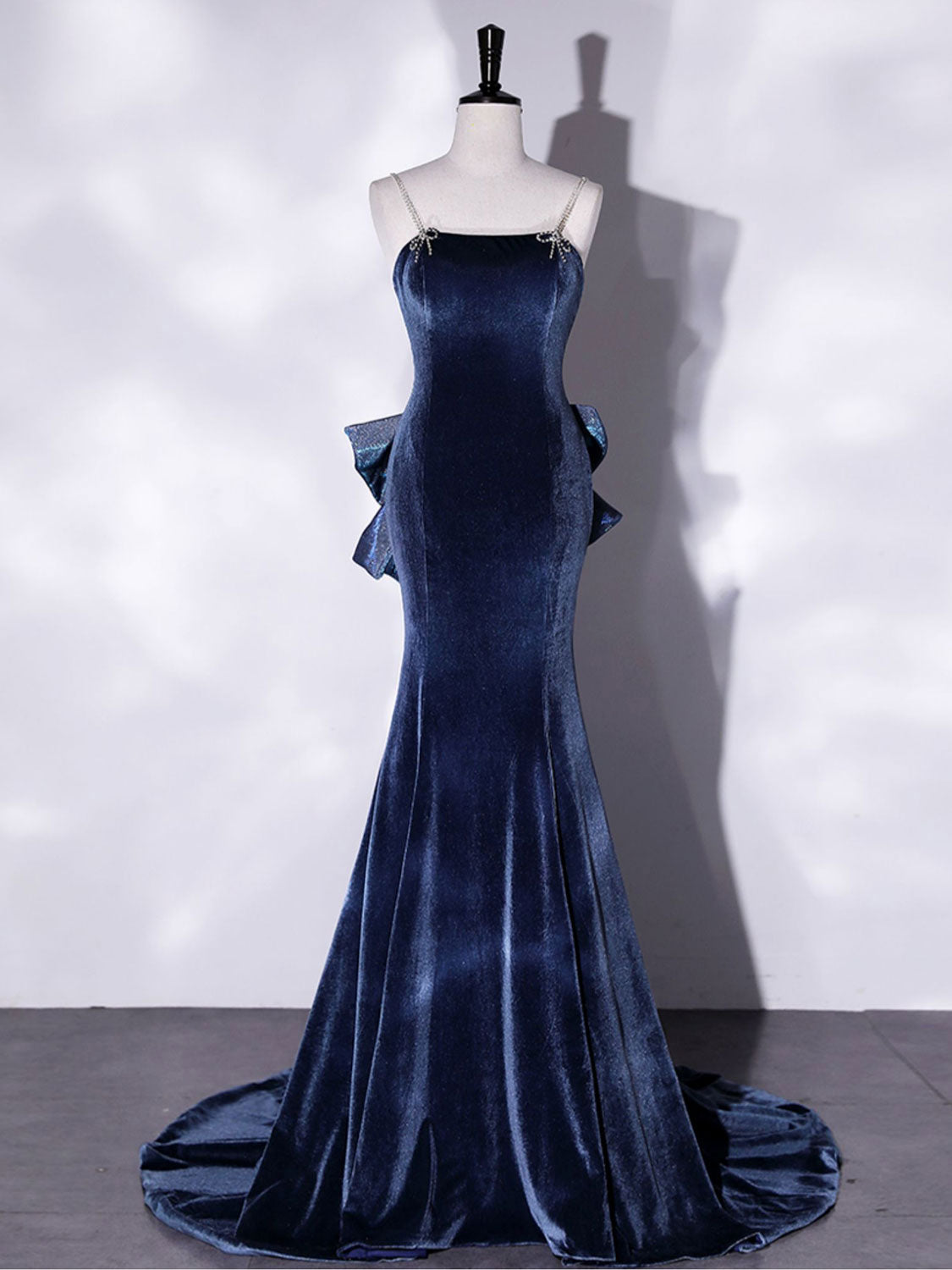Prom Dress Piece, Mermaid Velvet Blue Long Prom Dresses, Blue Velvet Long Evening Dress