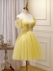 Bridesmaid Dresses Different Colors, Mini/Short Yellow Prom Dresses, Yellow Cute Homecoming Dress With Beading Lace