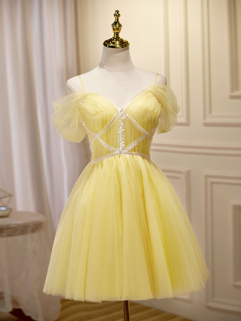 Bridesmaids Dress Under 111, Mini/Short Yellow Prom Dresses, Yellow Cute Homecoming Dress With Beading Lace