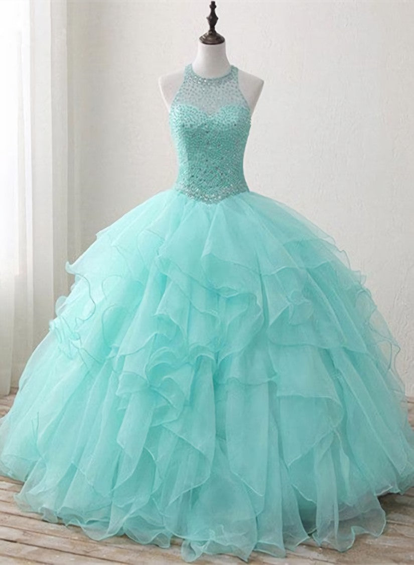 Homecoming Dresses 2030, Mint Green Organza and Beaded Long Sweet 16 Dress, Handmade Formal Dress