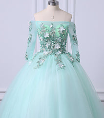 Bridesmaid Dress Dark Green, Mint Green Tulle Off Shoulder Long Sleeve Lace Applique Sweet 16 Prom Dress, Formal Dress