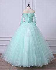 Bridesmaid Dresses Dark Green, Mint Green Tulle Off Shoulder Long Sleeve Lace Applique Sweet 16 Prom Dress, Formal Dress