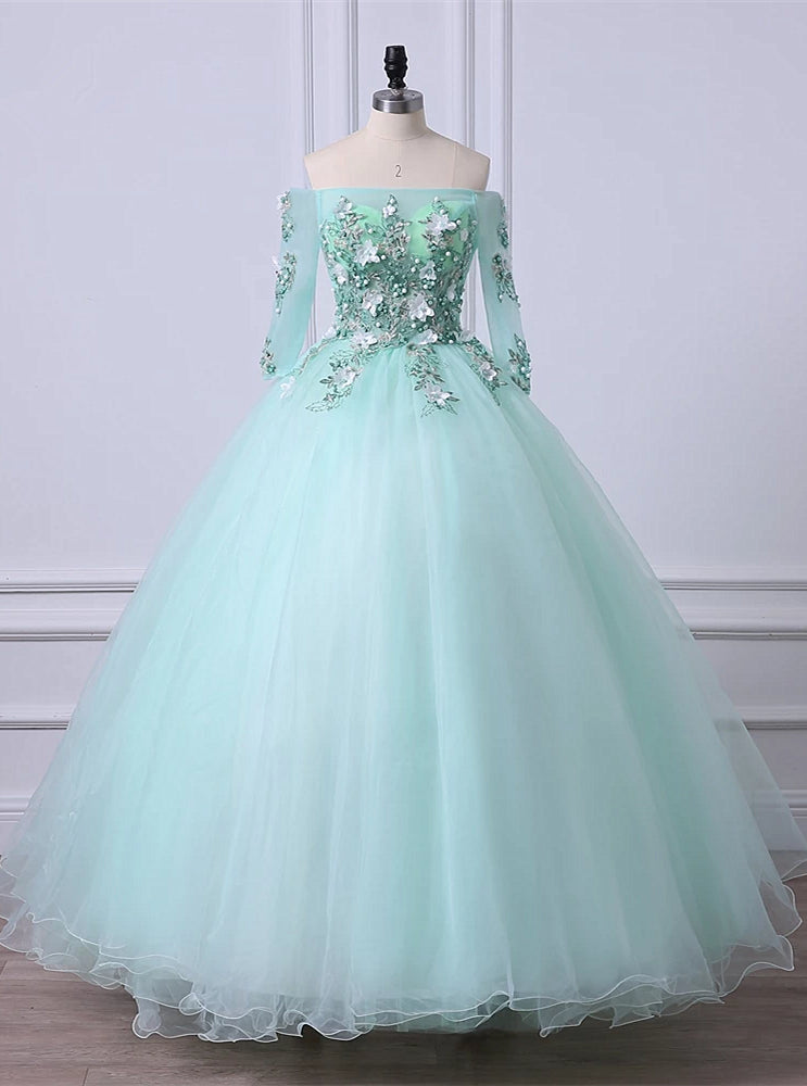 Bridesmaid Dresses Emerald Green, Mint Green Tulle Off Shoulder Long Sleeve Lace Applique Sweet 16 Prom Dress, Formal Dress