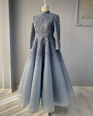 Party Dress Size 118, modest blue prom dresses lace emroidery evening dress