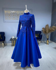 Party Dress Size 122, modest blue prom dresses lace emroidery evening dress