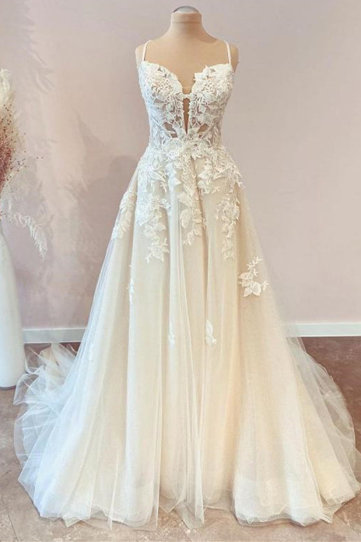Wedding Dresses Vintag, Modest Long A-line Spaghetti Straps Tulle Wedding Dress with Appliques Lace
