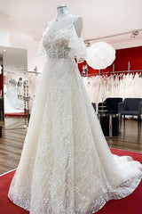 Wedding Dress Price, Modest Long A-line Sweetheart Tulle Lace Appliques Wedding Dress with Sleeves