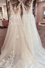 Wedding Dresses Custom, Modest Long A-line V-neck Backless Tulle Lace Wedding Dress