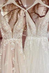 Wedding Dress Customizations, Modest Long A-line V-neck Backless Tulle Lace Wedding Dress