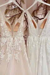 Wedding Dress Custom, Modest Long A-line V-neck Backless Tulle Lace Wedding Dress