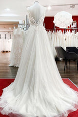 Wedding Dresses Summer, Modest Long A-line V-neck Tulle Ruffles Backless Wedding Dresses With Lace