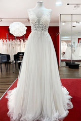 Wedding Dresses Accessories, Modest Long A-line V-neck Tulle Ruffles Backless Wedding Dresses With Lace