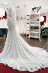Wedding Dresses Spring, Modest Long Mermaid Sweetheart Tulle Lace Wedding Dress with Sleeves