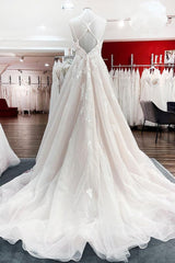 Wedding Dresses Outlet, Modest Long Princess V-neck Tulle Spaghetti Straps Wedding Dress with Lace