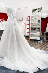 Wedding Dress For Spring, Modest Long Princess V-neck Tulle Spaghetti Straps Wedding Dress with Lace