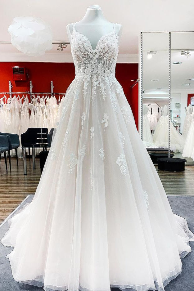 Wedding Dress Outlet, Modest Long Princess V-neck Tulle Spaghetti Straps Wedding Dress with Lace