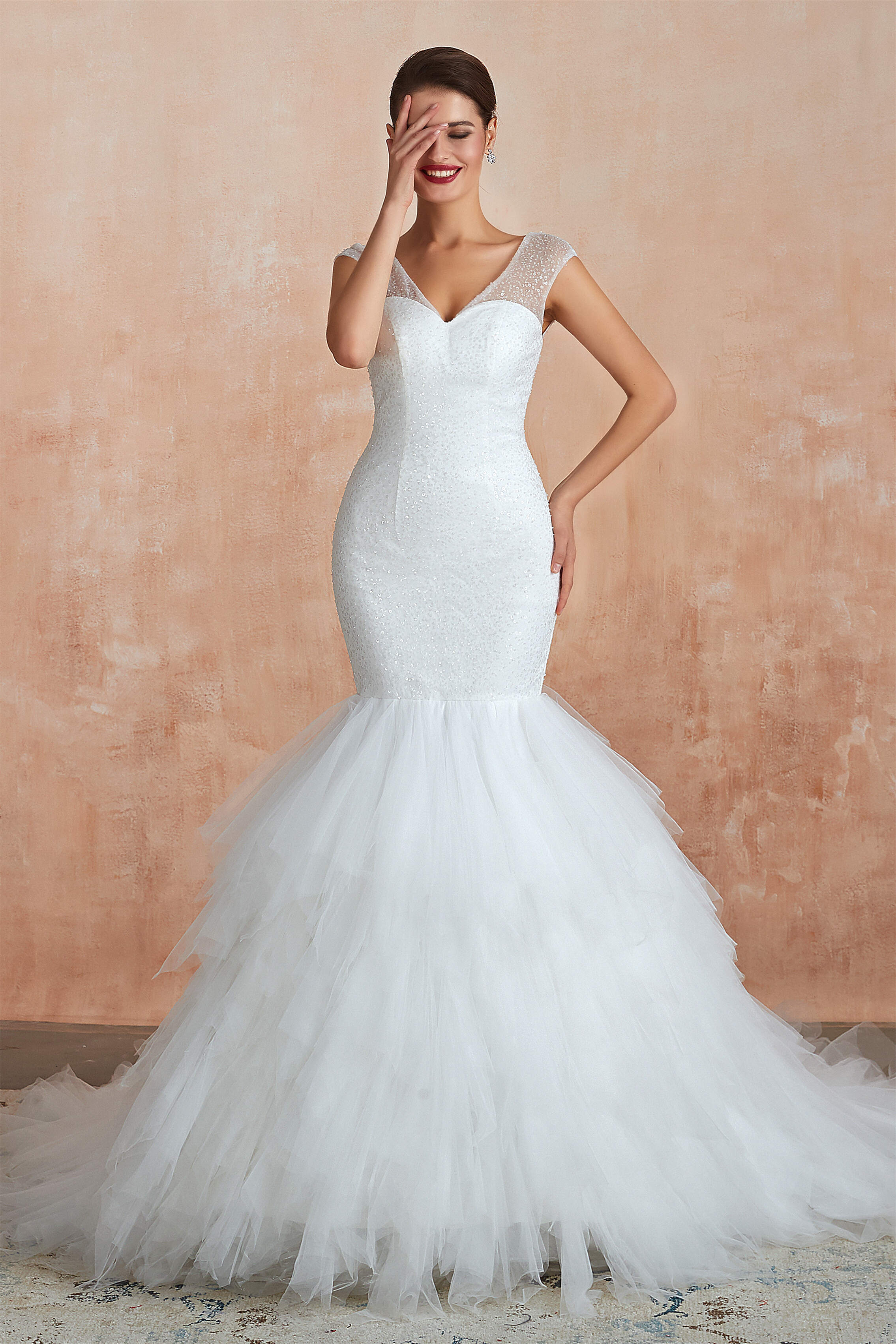 Wedding Dresses A Line Lace, Multi-Tiered Lace-Up Mermaid Wedding Dresses with Chapel Train