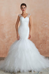 Wedding Dress A Line Lace, Multi-Tiered Lace-Up Mermaid Wedding Dresses with Chapel Train