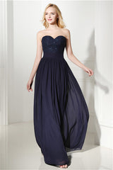 Party Dresses Halter Neck, Navy Blue Chiffon Sweetheart Lace Beading Prom Dresses