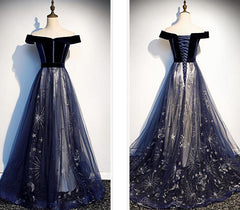 Bachelorette Party Theme, Navy Blue Floral Off Shoulder Velvet and Tulle Prom Dress, Blue Party Dress Formal Dress