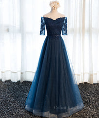 Bridesmaid Dresses Weddings, Navy Blue Half Sleeves Lace Long Prom Dresses, Navy Blue Lace Formal Dresses