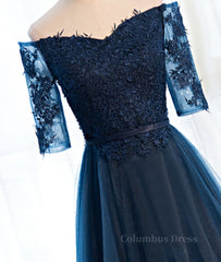 Bridesmaids Dress Inspiration, Navy Blue Half Sleeves Lace Long Prom Dresses, Navy Blue Lace Formal Dresses