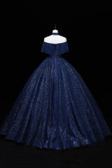 Bridesmaid Dress With Lace, Navy Blue High Neckline Tulle with Lace Formal Dress, Navy Blue Ball Gown Sweet 16 Dress