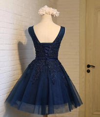 Evening Dresses Sale, Navy Blue Knee Length Homecoming Dresses, V-neckline Short Formal Dresses