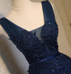 Evening Dress Sale, Navy Blue Knee Length Homecoming Dresses, V-neckline Short Formal Dresses