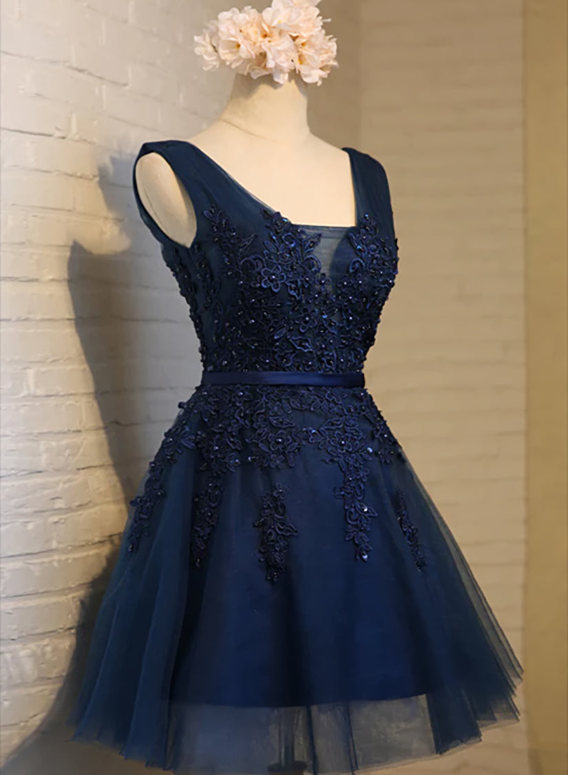 Evening Dresses Near Me, Navy Blue Knee Length Homecoming Dresses, V-neckline Short Formal Dresses