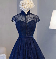 Glamorous Dress, Navy Blue Knee Length Lace Party Dress, Homecoming Dress