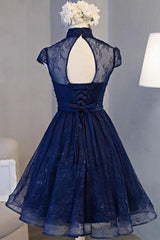 Black Long Dress, Navy Blue Knee Length Lace Party Dress, Homecoming Dress