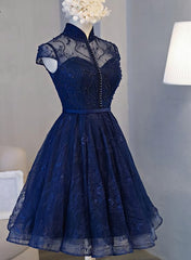 Princess Prom Dress, Navy Blue Knee Length Lace Party Dress, Homecoming Dress