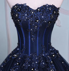 Formal Dresses Gown, Navy Blue Lace Applique Tulle Long Party Dress, Blue Formal Gown