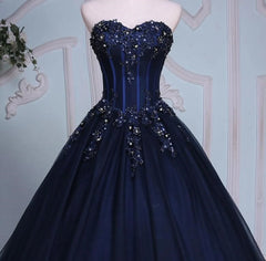 Formal Dress Gowns, Navy Blue Lace Applique Tulle Long Party Dress, Blue Formal Gown