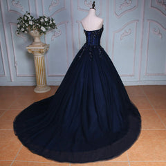 Formal Dresses Fashion, Navy Blue Lace Applique Tulle Long Party Dress, Blue Formal Gown